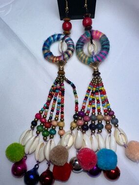 7” Handmade Boho Colorful Multicolor Beaded Shell Drop Earrings - Women Jewelry